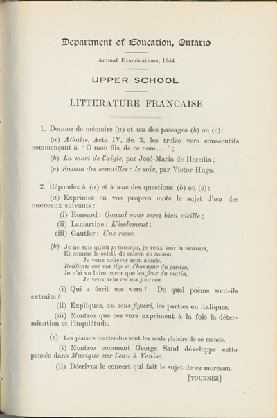 Reproduction de la premi&egrave;re page de l’examen annuel de litt&eacute;rature fran&ccedil;aise du minist&egrave;re de l’&Eacute;ducation de l’Ontario, examen paru dans Annual Examinations, 1944, Upper School, 1944.