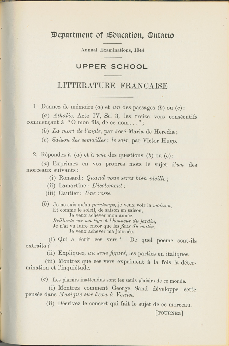 Reproduction de la premi&egrave;re page de l’examen annuel de litt&eacute;rature fran&ccedil;aise du minist&egrave;re de l’&Eacute;ducation de l’Ontario, examen paru dans Annual Examinations, 1944, Upper School, 1944.
