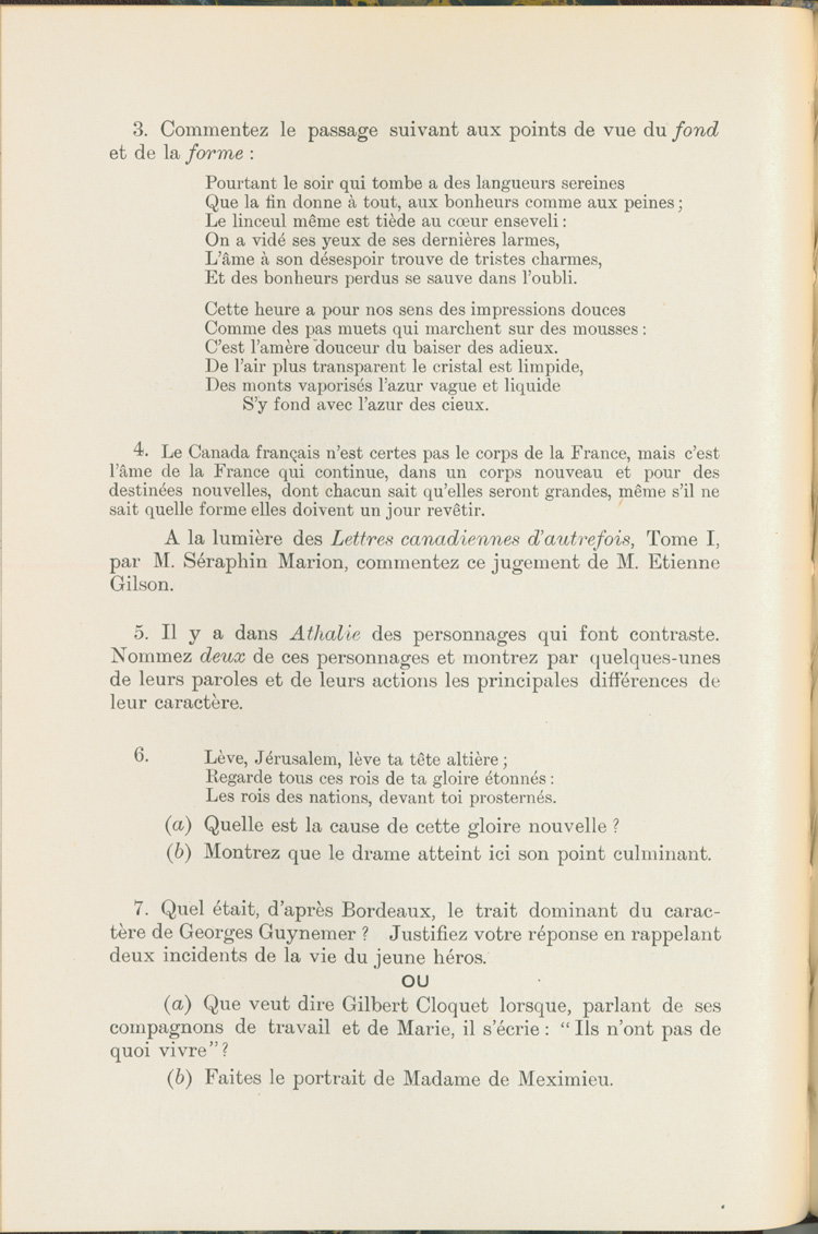Reproduction de la deuxi&egrave;me page de l’examen annuel de litt&eacute;rature fran&ccedil;aise du minist&egrave;re de l’&Eacute;ducation de l’Ontario, examen paru dans Annual Examinations, 1944, Upper School, 1944.