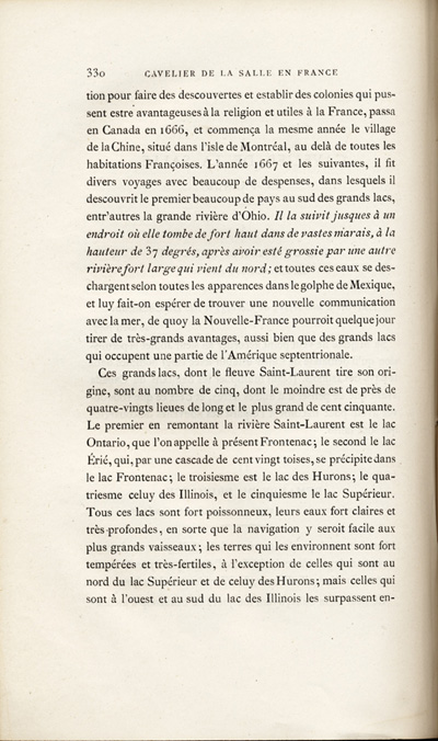 Reproduction de la trois cent trenti&egrave;me page, du premier volume de D&eacute;couvertes et &eacute;tablissements des Fran&ccedil;ais dans l’ouest et dans le sud de l’Am&eacute;rique septentrionale, 1614-1698 : m&eacute;moires et documents in&eacute;dits, comprenant le M&eacute;moire sur le projet du sieur de La Salle pour la descouverte de la partie occidentale de l’Am&eacute;rique septentrionale entre la Nouvelle-France, la Floride et le Mexique, dans lequel il d&eacute;crit l’enseignement dispens&eacute; aux enfants par les R&eacute;collets, 1677, 1879.