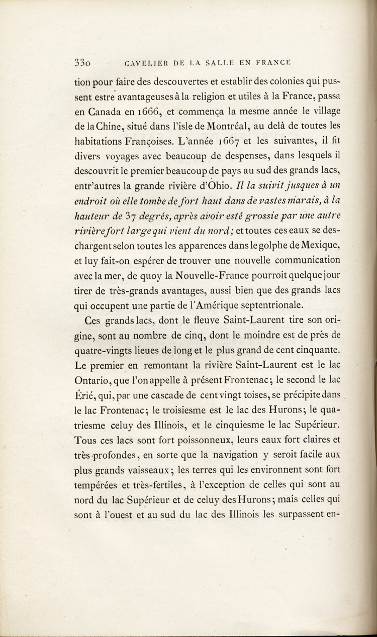 Reproduction de la trois cent trenti&egrave;me page, du premier volume de D&eacute;couvertes et &eacute;tablissements des Fran&ccedil;ais dans l’ouest et dans le sud de l’Am&eacute;rique septentrionale, 1614-1698 : m&eacute;moires et documents in&eacute;dits, comprenant le M&eacute;moire sur le projet du sieur de La Salle pour la descouverte de la partie occidentale de l’Am&eacute;rique septentrionale entre la Nouvelle-France, la Floride et le Mexique, dans lequel il d&eacute;crit l’enseignement dispens&eacute; aux enfants par les R&eacute;collets, 1677, 1879.