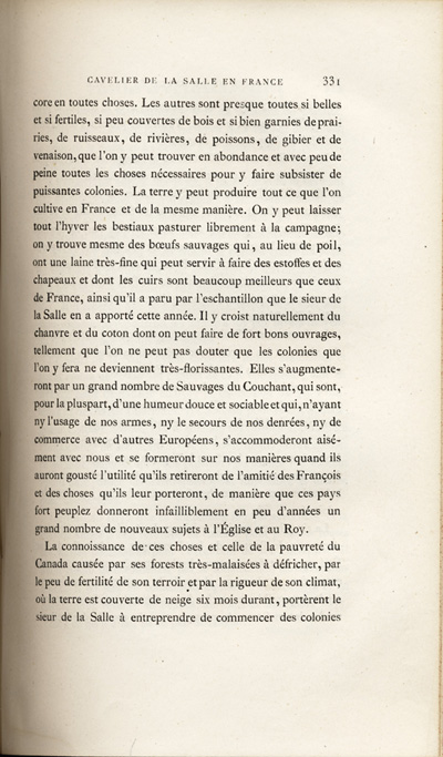 Reproduction de la trois cent trente et uni&egrave;me page, du premier volume de D&eacute;couvertes et &eacute;tablissements des Fran&ccedil;ais dans l’ouest et dans le sud de l’Am&eacute;rique septentrionale, 1614-1698 : m&eacute;moires et documents in&eacute;dits, comprenant le M&eacute;moire sur le projet du sieur de La Salle pour la descouverte de la partie occidentale de l’Am&eacute;rique septentrionale entre la Nouvelle-France, la Floride et le Mexique, dans lequel il d&eacute;crit l’enseignement dispens&eacute; aux enfants par les R&eacute;collets, 1677, 1879.