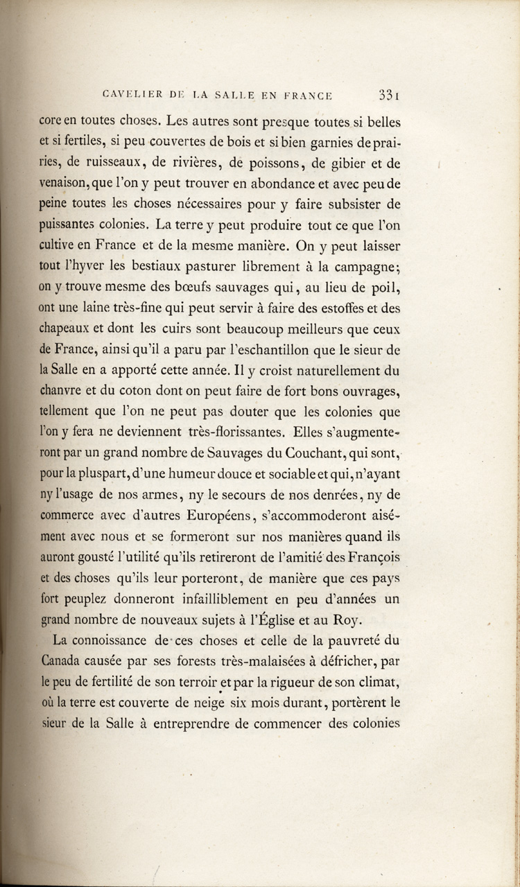 Reproduction de la trois cent trente et uni&egrave;me page, du premier volume de D&eacute;couvertes et &eacute;tablissements des Fran&ccedil;ais dans l’ouest et dans le sud de l’Am&eacute;rique septentrionale, 1614-1698 : m&eacute;moires et documents in&eacute;dits, comprenant le M&eacute;moire sur le projet du sieur de La Salle pour la descouverte de la partie occidentale de l’Am&eacute;rique septentrionale entre la Nouvelle-France, la Floride et le Mexique, dans lequel il d&eacute;crit l’enseignement dispens&eacute; aux enfants par les R&eacute;collets, 1677, 1879.