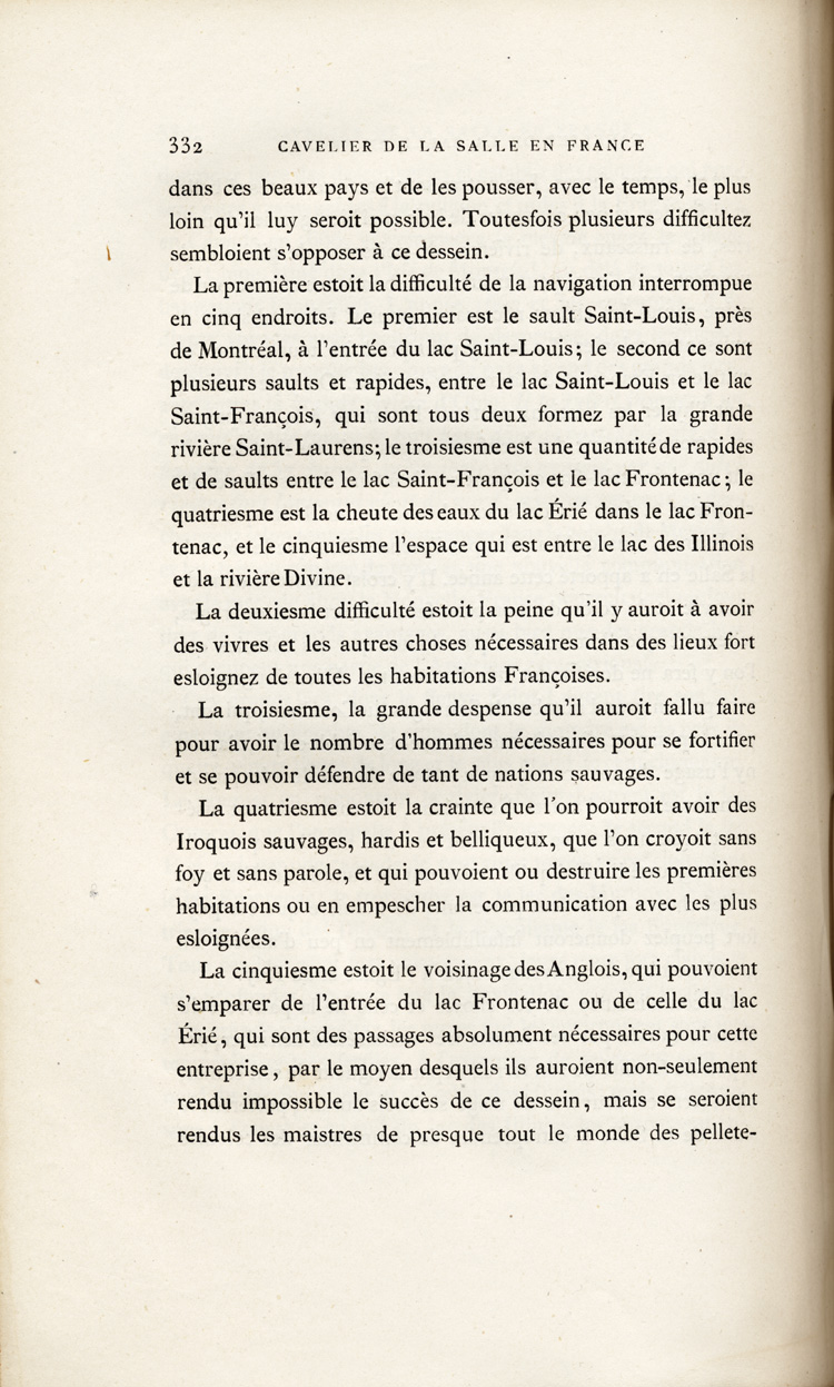 Reproduction de la trois cent trente-deuxi&egrave;me page, du premier volume de D&eacute;couvertes et &eacute;tablissements des Fran&ccedil;ais dans l’ouest et dans le sud de l’Am&eacute;rique septentrionale, 1614-1698 : m&eacute;moires et documents in&eacute;dits, comprenant le M&eacute;moire sur le projet du sieur de La Salle pour la descouverte de la partie occidentale de l’Am&eacute;rique septentrionale entre la Nouvelle-France, la Floride et le Mexique, dans lequel il d&eacute;crit l’enseignement dispens&eacute; aux enfants par les R&eacute;collets, 1677, 1879.