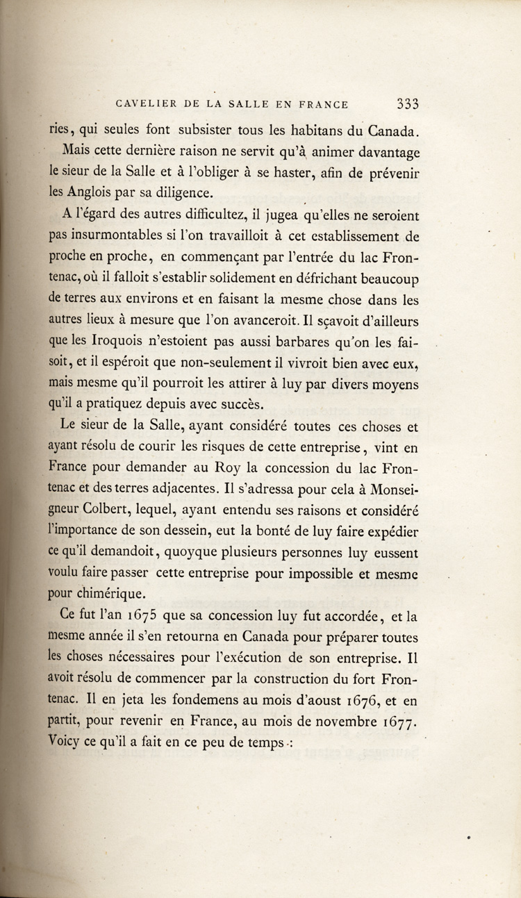 Reproduction de la trois cent trente-troisi&egrave;me page, du premier volume de D&eacute;couvertes et &eacute;tablissements des Fran&ccedil;ais dans l’ouest et dans le sud de l’Am&eacute;rique septentrionale, 1614-1698 : m&eacute;moires et documents in&eacute;dits, comprenant le M&eacute;moire sur le projet du sieur de La Salle pour la descouverte de la partie occidentale de l’Am&eacute;rique septentrionale entre la Nouvelle-France, la Floride et le Mexique, dans lequel il d&eacute;crit l’enseignement dispens&eacute; aux enfants par les R&eacute;collets, 1677, 1879.
