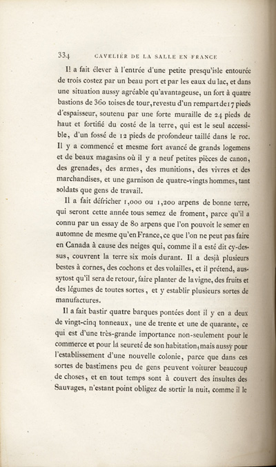 Reproduction de la trois cent trente-quatri&egrave;me page, du premier volume de D&eacute;couvertes et &eacute;tablissements des Fran&ccedil;ais dans l’ouest et dans le sud de l’Am&eacute;rique septentrionale, 1614-1698 : m&eacute;moires et documents in&eacute;dits, comprenant le M&eacute;moire sur le projet du sieur de La Salle pour la descouverte de la partie occidentale de l’Am&eacute;rique septentrionale entre la Nouvelle-France, la Floride et le Mexique, dans lequel il d&eacute;crit l’enseignement dispens&eacute; aux enfants par les R&eacute;collets, 1677, 1879.