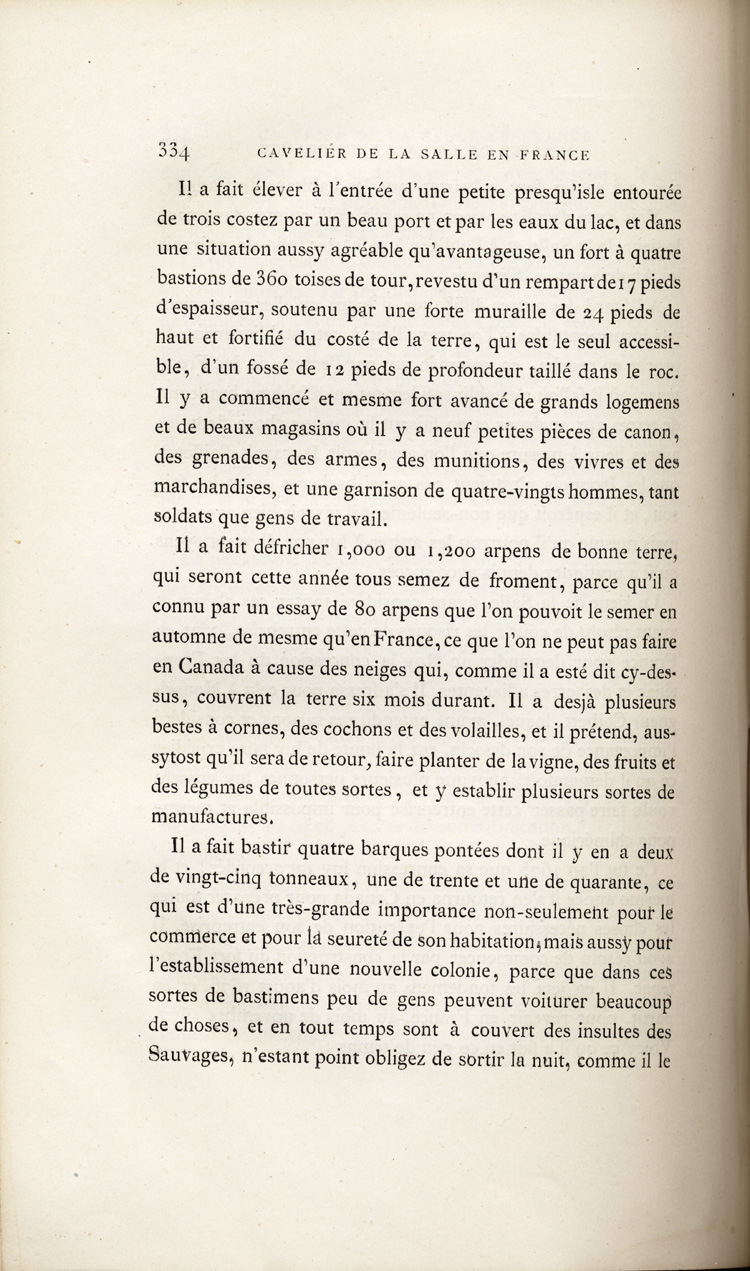 Reproduction de la trois cent trente-quatri&egrave;me page, du premier volume de D&eacute;couvertes et &eacute;tablissements des Fran&ccedil;ais dans l’ouest et dans le sud de l’Am&eacute;rique septentrionale, 1614-1698 : m&eacute;moires et documents in&eacute;dits, comprenant le M&eacute;moire sur le projet du sieur de La Salle pour la descouverte de la partie occidentale de l’Am&eacute;rique septentrionale entre la Nouvelle-France, la Floride et le Mexique, dans lequel il d&eacute;crit l’enseignement dispens&eacute; aux enfants par les R&eacute;collets, 1677, 1879.