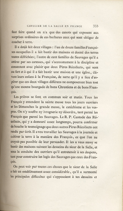Reproduction de la trois cent trente-cinqui&egrave;me page, du premier volume de D&eacute;couvertes et &eacute;tablissements des Fran&ccedil;ais dans l’ouest et dans le sud de l’Am&eacute;rique septentrionale, 1614-1698 : m&eacute;moires et documents in&eacute;dits, comprenant le M&eacute;moire sur le projet du sieur de La Salle pour la descouverte de la partie occidentale de l’Am&eacute;rique septentrionale entre la Nouvelle-France, la Floride et le Mexique, dans lequel il d&eacute;crit l’enseignement dispens&eacute; aux enfants par les R&eacute;collets, 1677, 1879.