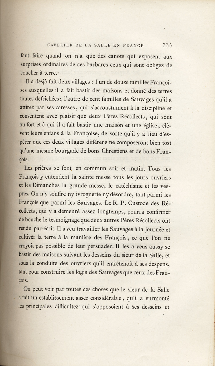 Reproduction de la trois cent trente-cinqui&egrave;me page, du premier volume de D&eacute;couvertes et &eacute;tablissements des Fran&ccedil;ais dans l’ouest et dans le sud de l’Am&eacute;rique septentrionale, 1614-1698 : m&eacute;moires et documents in&eacute;dits, comprenant le M&eacute;moire sur le projet du sieur de La Salle pour la descouverte de la partie occidentale de l’Am&eacute;rique septentrionale entre la Nouvelle-France, la Floride et le Mexique, dans lequel il d&eacute;crit l’enseignement dispens&eacute; aux enfants par les R&eacute;collets, 1677, 1879.