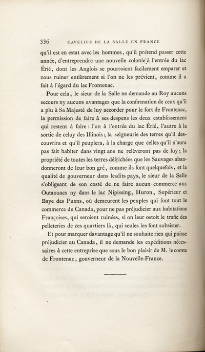 Reproduction de la trois cent trente-sixi&egrave;me page, du premier volume de D&eacute;couvertes et &eacute;tablissements des Fran&ccedil;ais dans l’ouest et dans le sud de l’Am&eacute;rique septentrionale, 1614-1698 : m&eacute;moires et documents in&eacute;dits, comprenant le M&eacute;moire sur le projet du sieur de La Salle pour la descouverte de la partie occidentale de l’Am&eacute;rique septentrionale entre la Nouvelle-France, la Floride et le Mexique, dans lequel il d&eacute;crit l’enseignement dispens&eacute; aux enfants par les R&eacute;collets, 1677, 1879.