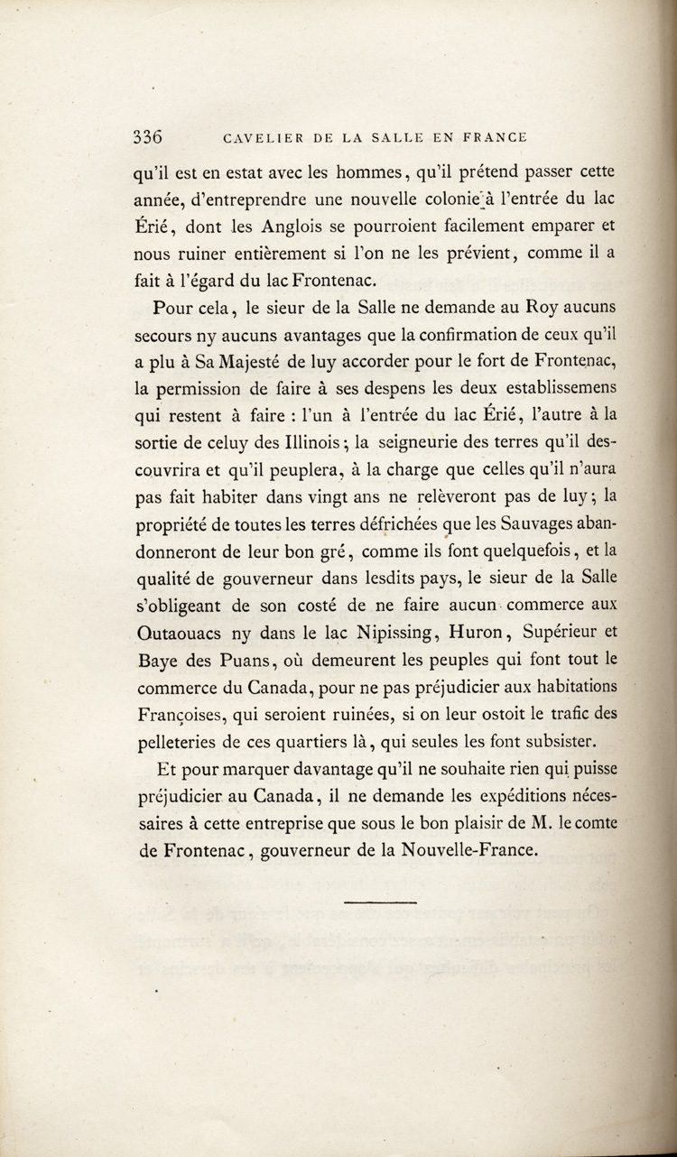 Reproduction de la trois cent trente-sixi&egrave;me page, du premier volume de D&eacute;couvertes et &eacute;tablissements des Fran&ccedil;ais dans l’ouest et dans le sud de l’Am&eacute;rique septentrionale, 1614-1698 : m&eacute;moires et documents in&eacute;dits, comprenant le M&eacute;moire sur le projet du sieur de La Salle pour la descouverte de la partie occidentale de l’Am&eacute;rique septentrionale entre la Nouvelle-France, la Floride et le Mexique, dans lequel il d&eacute;crit l’enseignement dispens&eacute; aux enfants par les R&eacute;collets, 1677, 1879.