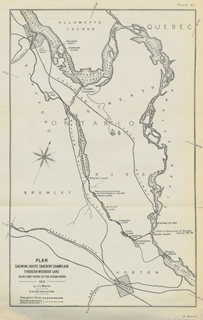 Reproduction de la planche onze de The Work of Samuel de Champlain, &eacute;dit&eacute; sous la direction de Henry Percival Biggar, comprenant  une carte moderne montrant la route probablement emprunt&eacute;e par Samuel de Champlain pour se rendre &agrave; l’&Icirc;le des Allumettes en 1913, 1922-1936.