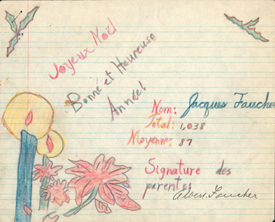 Reproduction de la page couverture du cahier d’examen de d&eacute;cembre 1945 de Jacques Faucher, &eacute;l&egrave;ve de quatri&egrave;me ann&eacute;e &agrave; l’&eacute;cole Guigues, Ottawa (Ontario), 1945.