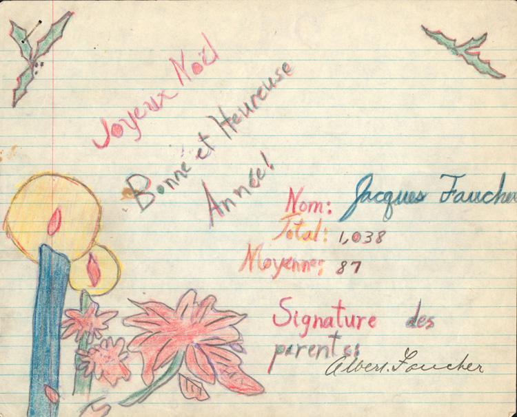 Reproduction de la page couverture du cahier d’examen de d&eacute;cembre 1945 de Jacques Faucher, &eacute;l&egrave;ve de quatri&egrave;me ann&eacute;e &agrave; l’&eacute;cole Guigues, Ottawa (Ontario), 1945.