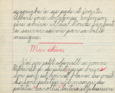 Reproduction de la huiti&egrave;me page du cahier d’examen de d&eacute;cembre 1945 de Jacques Faucher, &eacute;l&egrave;ve de quatri&egrave;me ann&eacute;e &agrave; l’&eacute;cole Guigues, Ottawa (Ontario), comprenant son examen de composition fran&ccedil;aise intitul&eacute;e Le petit musicien, 1945.