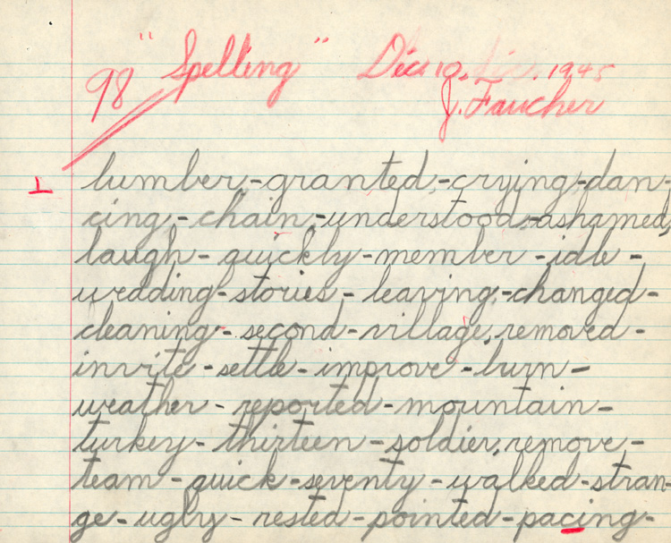 Reproduction de la onzi&egrave;me page du cahier d’examen de d&eacute;cembre 1945 de Jacques Faucher, &eacute;l&egrave;ve de quatri&egrave;me ann&eacute;e &agrave; l’&eacute;cole Guigues, Ottawa (Ontario), comprenant son examen d’orthographe anglaise (spelling), 1945.