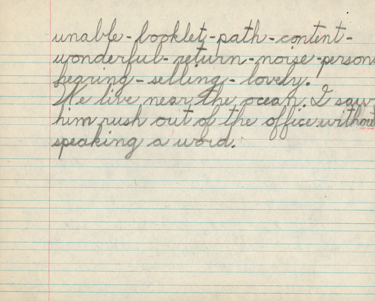 Reproduction de la douzi&egrave;me page du cahier d’examen de d&eacute;cembre 1945 de Jacques Faucher, &eacute;l&egrave;ve de quatri&egrave;me ann&eacute;e &agrave; l’&eacute;cole Guigues, Ottawa (Ontario), comprenant son examen d’orthographe anglaise (spelling), 1945.