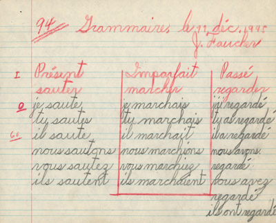 Reproduction de la treizi&egrave;me page du cahier d’examen de d&eacute;cembre 1945 de Jacques Faucher, &eacute;l&egrave;ve de quatri&egrave;me ann&eacute;e &agrave; l’&eacute;cole Guigues, Ottawa (Ontario), comprenant son examen de grammaire fran&ccedil;aise, 1945.