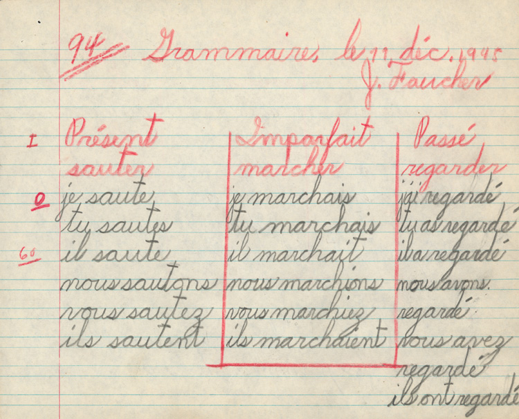 Reproduction de la treizi&egrave;me page du cahier d’examen de d&eacute;cembre 1945 de Jacques Faucher, &eacute;l&egrave;ve de quatri&egrave;me ann&eacute;e &agrave; l’&eacute;cole Guigues, Ottawa (Ontario), comprenant son examen de grammaire fran&ccedil;aise, 1945.