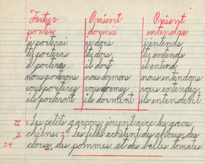 Reproduction de la quatorzi&egrave;me page du cahier d’examen de d&eacute;cembre 1945 de Jacques Faucher, &eacute;l&egrave;ve de quatri&egrave;me ann&eacute;e &agrave; l’&eacute;cole Guigues, Ottawa (Ontario), comprenant son examen de grammaire fran&ccedil;aise, 1945.