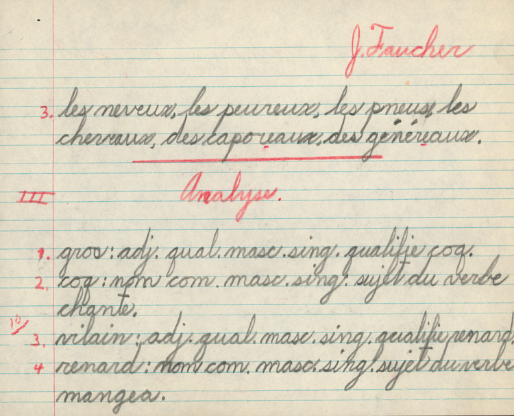 Reproduction de la quinzi&egrave;me page du cahier d’examen de d&eacute;cembre 1945 de Jacques Faucher, &eacute;l&egrave;ve de quatri&egrave;me ann&eacute;e &agrave; l’&eacute;cole Guigues, Ottawa (Ontario), comprenant son examen de grammaire fran&ccedil;aise, 1945.