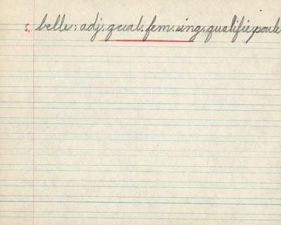 Reproduction de la seizi&egrave;me page du cahier d’examen de d&eacute;cembre 1945 de Jacques Faucher, &eacute;l&egrave;ve de quatri&egrave;me ann&eacute;e &agrave; l’&eacute;cole Guigues, Ottawa (Ontario), comprenant son examen d’analyse grammaticale, 1945.