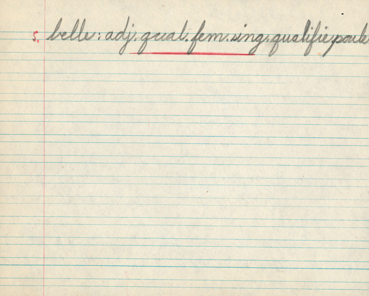 Reproduction de la seizi&egrave;me page du cahier d’examen de d&eacute;cembre 1945 de Jacques Faucher, &eacute;l&egrave;ve de quatri&egrave;me ann&eacute;e &agrave; l’&eacute;cole Guigues, Ottawa (Ontario), comprenant son examen d’analyse grammaticale, 1945.