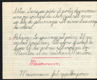 Reproduction de la vingti&egrave;me page du cahier d’examen de d&eacute;cembre 1945 de Jacques Faucher, &eacute;l&egrave;ve de quatri&egrave;me ann&eacute;e &agrave; l’&eacute;cole Guigues, Ottawa (Ontario), comprenant ses examens de sciences sociales intitul&eacute;s Les Indiens et Maisonneuve, 1945
