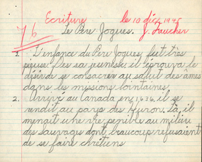 Reproduction de la cinqui&egrave;me page du cahier d’examen de d&eacute;cembre 1945 de Jacques Faucher, &eacute;l&egrave;ve de quatri&egrave;me ann&eacute;e &agrave; l’&eacute;cole Guigues, Ottawa (Ontario), comprenant son examen d’&eacute;criture intitul&eacute; Le P&egrave;re Jogues, 1945.