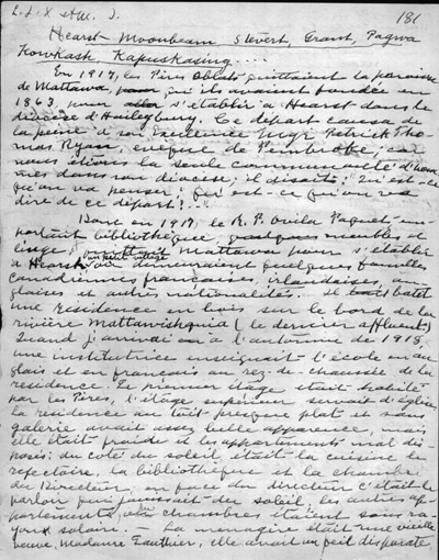 Reproduction de la cent quatre-vingt et uni&egrave;me page du r&eacute;cit du p&egrave;re oblat Joseph-&Eacute;tienne Guinard d&eacute;crivant ses activit&eacute;s missionnaires &agrave; Hearst, Moonbeam, Stevert, Grant, Pagwa, Kowkash et Kapuskasing, 1918.