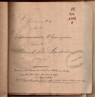 Reproduction de la page de titre de &Eacute;l&eacute;ments de la grammaire algonquine du p&egrave;re Nicolas Laverloch&egrave;re, missionnaire oblat, [184-].