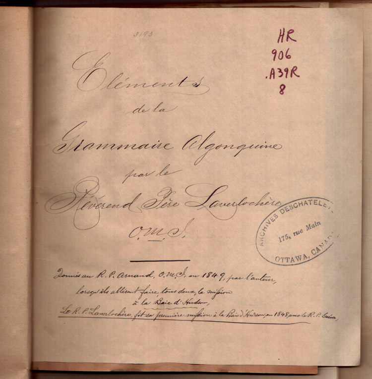Reproduction de la page de titre de &Eacute;l&eacute;ments de la grammaire algonquine du p&egrave;re Nicolas Laverloch&egrave;re, missionnaire oblat, [184-].
