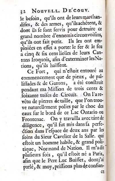 Reproduction de la trente-deuxi&egrave;me page de Nouvelle d&eacute;couverte d’un tr&egrave;s grand pays situ&eacute; dans l’Am&eacute;rique, entre le Nouveau Mexique et la mer glaciale : avec les cartes & les figures n&eacute;cessaires & de plus l’histoire naturelle & morale, & les avantages qu’on en peut tirer par l’&eacute;tablissement des colonies : le tout d&eacute;di&eacute; &agrave; Sa Majest&eacute; Britannique Guilaume III, par le p&egrave;re Louis Hennepin, comprenant la Description du Fort de Catarackoui, nomm&eacute; depuis le Fort Frontenac dans laquelle il d&eacute;crit l’enseignement dispens&eacute; aux enfants fran&ccedil;ais et autochtones par les R&eacute;collets, 1697.