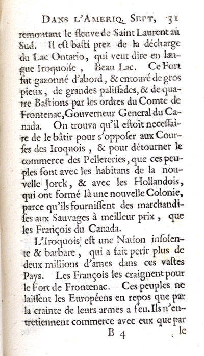Reproduction de la trente et uni&egrave;me page de Nouvelle d&eacute;couverte d’un tr&egrave;s grand pays situ&eacute; dans l’Am&eacute;rique, entre le Nouveau Mexique et la mer glaciale : avec les cartes & les figures n&eacute;cessaires & de plus l’histoire naturelle & morale, & les avantages qu’on en peut tirer par l’&eacute;tablissement des colonies : le tout d&eacute;di&eacute; &agrave; Sa Majest&eacute; Britannique Guilaume III, par le p&egrave;re Louis Hennepin, comprenant la Description du Fort de Catarackoui, nomm&eacute; depuis le Fort Frontenac dans laquelle il d&eacute;crit l’enseignement dispens&eacute; aux enfants fran&ccedil;ais et autochtones par les R&eacute;collets, 1697.