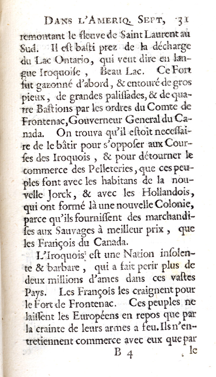 Reproduction de la trente et uni&egrave;me page de Nouvelle d&eacute;couverte d’un tr&egrave;s grand pays situ&eacute; dans l’Am&eacute;rique, entre le Nouveau Mexique et la mer glaciale : avec les cartes & les figures n&eacute;cessaires & de plus l’histoire naturelle & morale, & les avantages qu’on en peut tirer par l’&eacute;tablissement des colonies : le tout d&eacute;di&eacute; &agrave; Sa Majest&eacute; Britannique Guilaume III, par le p&egrave;re Louis Hennepin, comprenant la Description du Fort de Catarackoui, nomm&eacute; depuis le Fort Frontenac dans laquelle il d&eacute;crit l’enseignement dispens&eacute; aux enfants fran&ccedil;ais et autochtones par les R&eacute;collets, 1697.