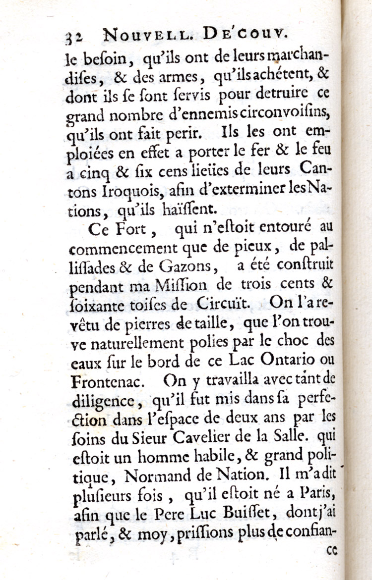 Reproduction de la trente-deuxi&egrave;me page de Nouvelle d&eacute;couverte d’un tr&egrave;s grand pays situ&eacute; dans l’Am&eacute;rique, entre le Nouveau Mexique et la mer glaciale : avec les cartes & les figures n&eacute;cessaires & de plus l’histoire naturelle & morale, & les avantages qu’on en peut tirer par l’&eacute;tablissement des colonies : le tout d&eacute;di&eacute; &agrave; Sa Majest&eacute; Britannique Guilaume III, par le p&egrave;re Louis Hennepin, comprenant la Description du Fort de Catarackoui, nomm&eacute; depuis le Fort Frontenac dans laquelle il d&eacute;crit l’enseignement dispens&eacute; aux enfants fran&ccedil;ais et autochtones par les R&eacute;collets, 1697.