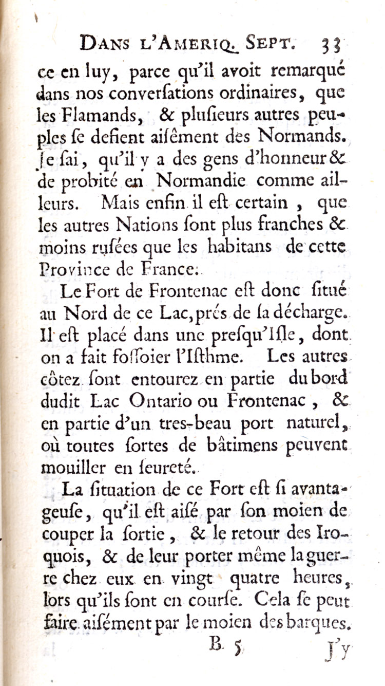 Reproduction de la trente-troisi&egrave;me page de Nouvelle d&eacute;couverte d’un tr&egrave;s grand pays situ&eacute; dans l’Am&eacute;rique, entre le Nouveau Mexique et la mer glaciale : avec les cartes & les figures n&eacute;cessaires & de plus l’histoire naturelle & morale, & les avantages qu’on en peut tirer par l’&eacute;tablissement des colonies : le tout d&eacute;di&eacute; &agrave; Sa Majest&eacute; Britannique Guilaume III, par le p&egrave;re Louis Hennepin, comprenant la Description du Fort de Catarackoui, nomm&eacute; depuis le Fort Frontenac dans laquelle il d&eacute;crit l’enseignement dispens&eacute; aux enfants fran&ccedil;ais et autochtones par les R&eacute;collets, 1697.