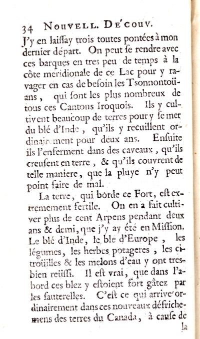 Reproduction de la trente-quatri&egrave;me page de Nouvelle d&eacute;couverte d’un tr&egrave;s grand pays situ&eacute; dans l’Am&eacute;rique, entre le Nouveau Mexique et la mer glaciale : avec les cartes & les figures n&eacute;cessaires & de plus l’histoire naturelle & morale, & les avantages qu’on en peut tirer par l’&eacute;tablissement des colonies : le tout d&eacute;di&eacute; &agrave; Sa Majest&eacute; Britannique Guilaume III, par le p&egrave;re Louis Hennepin, comprenant la Description du Fort de Catarackoui, nomm&eacute; depuis le Fort Frontenac dans laquelle il d&eacute;crit l’enseignement dispens&eacute; aux enfants fran&ccedil;ais et autochtones par les R&eacute;collets, 1697.
