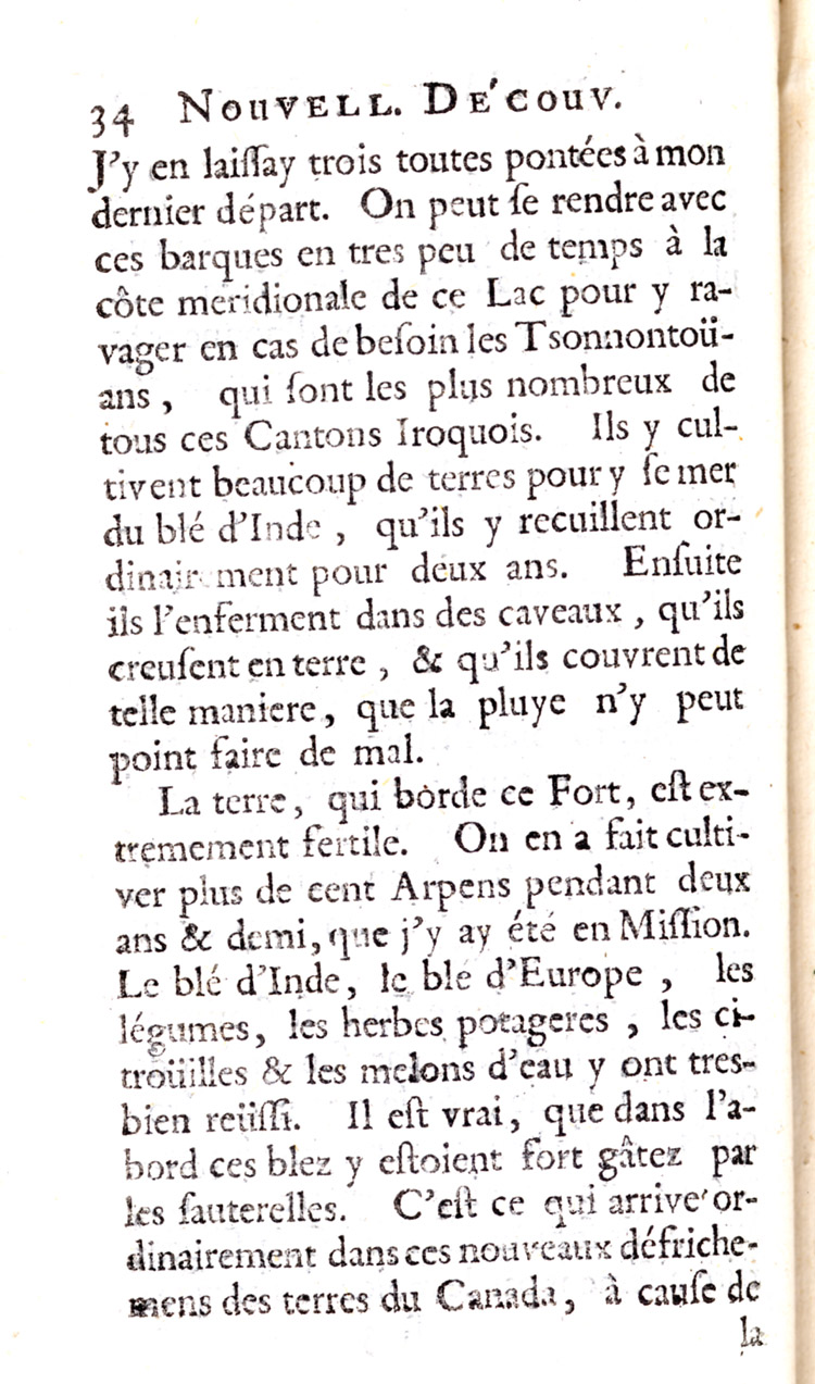 Reproduction de la trente-quatri&egrave;me page de Nouvelle d&eacute;couverte d’un tr&egrave;s grand pays situ&eacute; dans l’Am&eacute;rique, entre le Nouveau Mexique et la mer glaciale : avec les cartes & les figures n&eacute;cessaires & de plus l’histoire naturelle & morale, & les avantages qu’on en peut tirer par l’&eacute;tablissement des colonies : le tout d&eacute;di&eacute; &agrave; Sa Majest&eacute; Britannique Guilaume III, par le p&egrave;re Louis Hennepin, comprenant la Description du Fort de Catarackoui, nomm&eacute; depuis le Fort Frontenac dans laquelle il d&eacute;crit l’enseignement dispens&eacute; aux enfants fran&ccedil;ais et autochtones par les R&eacute;collets, 1697.