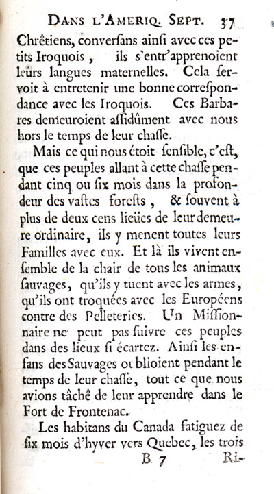 Reproduction de la trente-septi&egrave;me page de Nouvelle d&eacute;couverte d’un tr&egrave;s grand pays situ&eacute; dans l’Am&eacute;rique, entre le Nouveau Mexique et la mer glaciale : avec les cartes & les figures n&eacute;cessaires & de plus l’histoire naturelle & morale, & les avantages qu’on en peut tirer par l’&eacute;tablissement des colonies : le tout d&eacute;di&eacute; &agrave; Sa Majest&eacute; Britannique Guilaume III, par le p&egrave;re Louis Hennepin, comprenant la Description du Fort de Catarackoui, nomm&eacute; depuis le Fort Frontenac dans laquelle il d&eacute;crit l’enseignement dispens&eacute; aux enfants fran&ccedil;ais et autochtones par les R&eacute;collets, 1697.