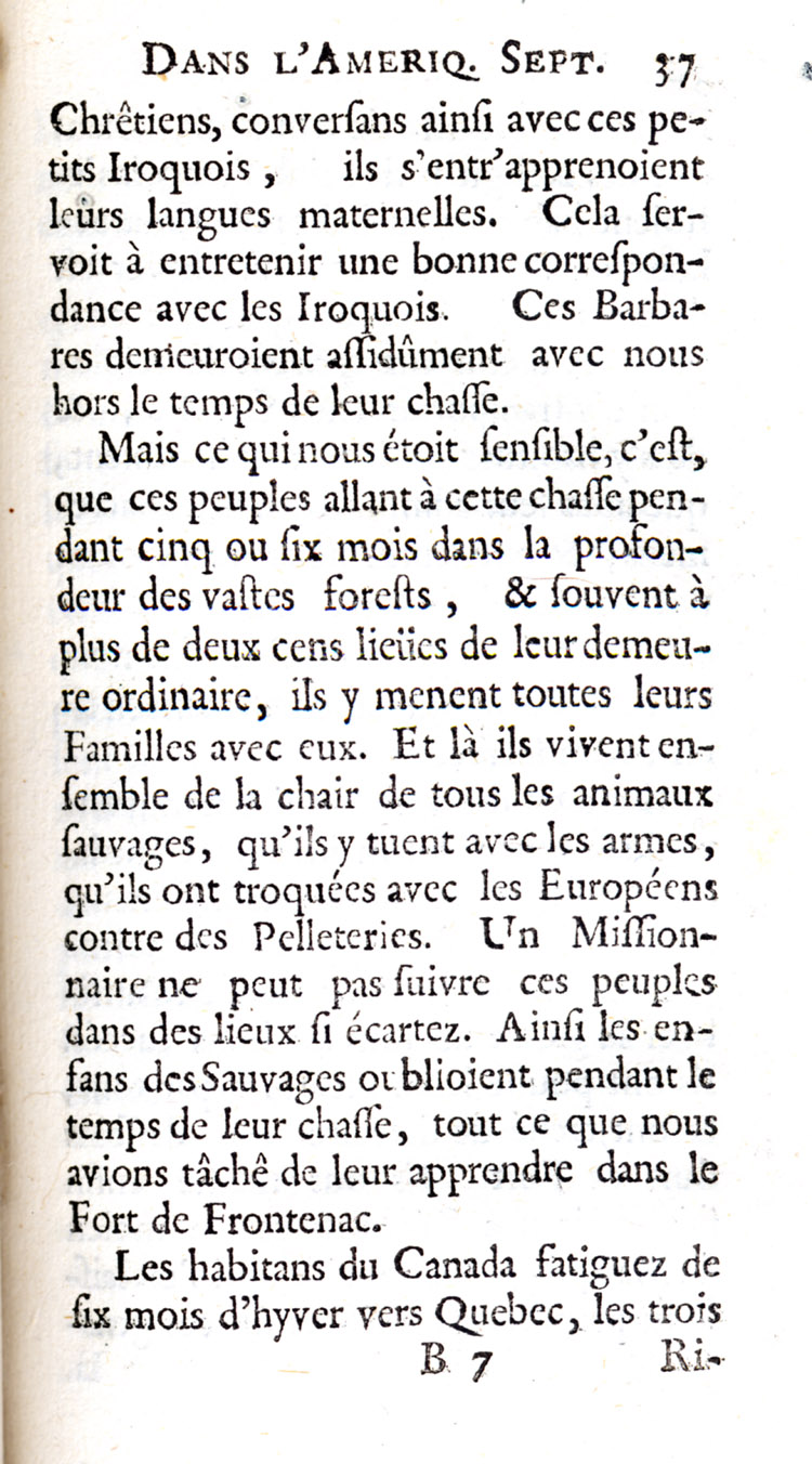 Reproduction de la trente-septi&egrave;me page de Nouvelle d&eacute;couverte d’un tr&egrave;s grand pays situ&eacute; dans l’Am&eacute;rique, entre le Nouveau Mexique et la mer glaciale : avec les cartes & les figures n&eacute;cessaires & de plus l’histoire naturelle & morale, & les avantages qu’on en peut tirer par l’&eacute;tablissement des colonies : le tout d&eacute;di&eacute; &agrave; Sa Majest&eacute; Britannique Guilaume III, par le p&egrave;re Louis Hennepin, comprenant la Description du Fort de Catarackoui, nomm&eacute; depuis le Fort Frontenac dans laquelle il d&eacute;crit l’enseignement dispens&eacute; aux enfants fran&ccedil;ais et autochtones par les R&eacute;collets, 1697.