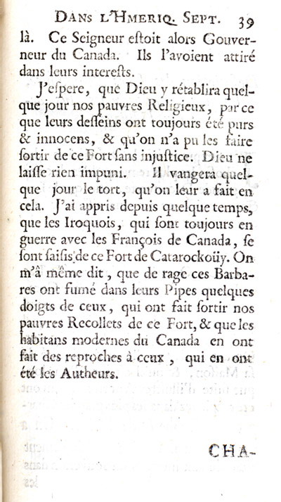 Reproduction de la trente-neuvi&egrave;me page de Nouvelle d&eacute;couverte d’un tr&egrave;s grand pays situ&eacute; dans l’Am&eacute;rique, entre le Nouveau Mexique et la mer glaciale : avec les cartes & les figures n&eacute;cessaires & de plus l’histoire naturelle & morale, & les avantages qu’on en peut tirer par l’&eacute;tablissement des colonies : le tout d&eacute;di&eacute; &agrave; Sa Majest&eacute; Britannique Guilaume III, par le p&egrave;re Louis Hennepin, comprenant la Description du Fort de Catarackoui, nomm&eacute; depuis le Fort Frontenac dans laquelle il d&eacute;crit l’enseignement dispens&eacute; aux enfants fran&ccedil;ais et autochtones par les R&eacute;collets, 1697.