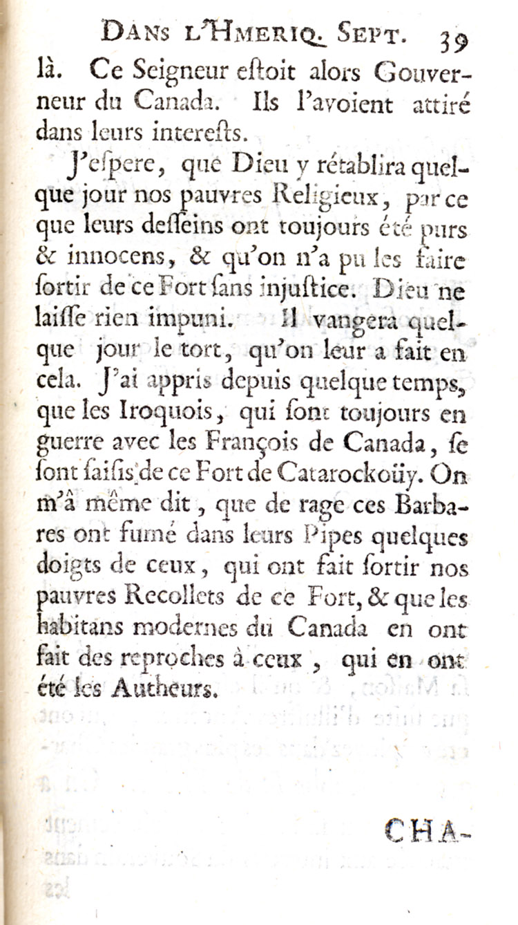 Reproduction de la trente-neuvi&egrave;me page de Nouvelle d&eacute;couverte d’un tr&egrave;s grand pays situ&eacute; dans l’Am&eacute;rique, entre le Nouveau Mexique et la mer glaciale : avec les cartes & les figures n&eacute;cessaires & de plus l’histoire naturelle & morale, & les avantages qu’on en peut tirer par l’&eacute;tablissement des colonies : le tout d&eacute;di&eacute; &agrave; Sa Majest&eacute; Britannique Guilaume III, par le p&egrave;re Louis Hennepin, comprenant la Description du Fort de Catarackoui, nomm&eacute; depuis le Fort Frontenac dans laquelle il d&eacute;crit l’enseignement dispens&eacute; aux enfants fran&ccedil;ais et autochtones par les R&eacute;collets, 1697.