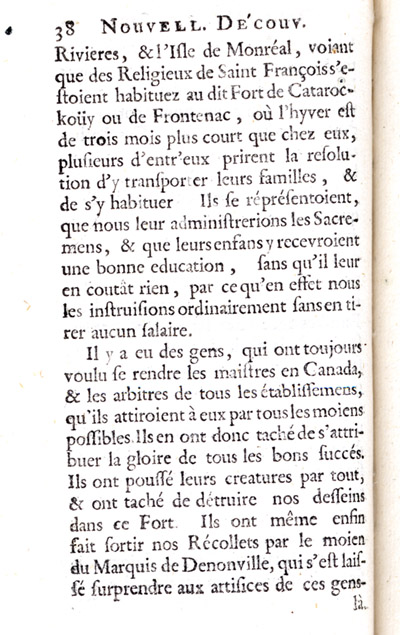 Reproduction de la trente-huiti&egrave;me page de Nouvelle d&eacute;couverte d’un tr&egrave;s grand pays situ&eacute; dans l’Am&eacute;rique, entre le Nouveau Mexique et la mer glaciale : avec les cartes & les figures n&eacute;cessaires & de plus l’histoire naturelle & morale, & les avantages qu’on en peut tirer par l’&eacute;tablissement des colonies : le tout d&eacute;di&eacute; &agrave; Sa Majest&eacute; Britannique Guilaume III, par le p&egrave;re Louis Hennepin, comprenant la Description du Fort de Catarackoui, nomm&eacute; depuis le Fort Frontenac dans laquelle il d&eacute;crit l’enseignement dispens&eacute; aux enfants fran&ccedil;ais et autochtones par les R&eacute;collets, 1697.