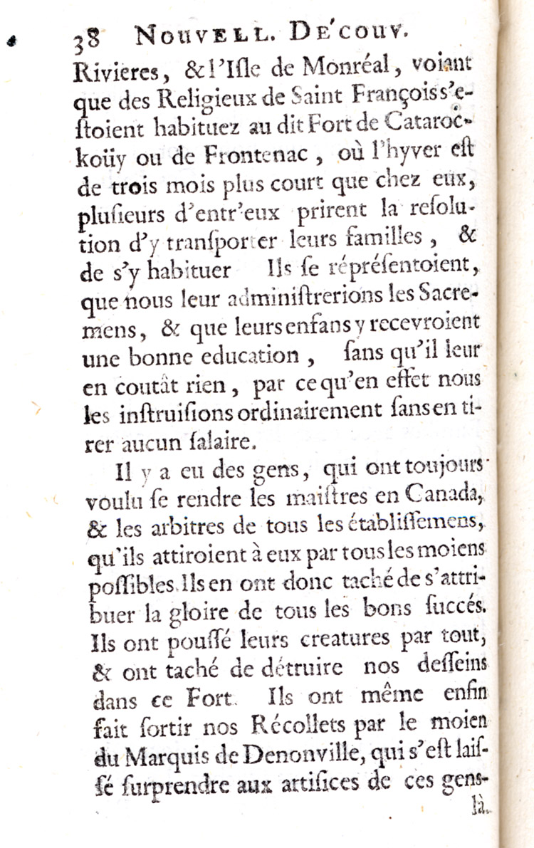 Reproduction de la trente-huiti&egrave;me page de Nouvelle d&eacute;couverte d’un tr&egrave;s grand pays situ&eacute; dans l’Am&eacute;rique, entre le Nouveau Mexique et la mer glaciale : avec les cartes & les figures n&eacute;cessaires & de plus l’histoire naturelle & morale, & les avantages qu’on en peut tirer par l’&eacute;tablissement des colonies : le tout d&eacute;di&eacute; &agrave; Sa Majest&eacute; Britannique Guilaume III, par le p&egrave;re Louis Hennepin, comprenant la Description du Fort de Catarackoui, nomm&eacute; depuis le Fort Frontenac dans laquelle il d&eacute;crit l’enseignement dispens&eacute; aux enfants fran&ccedil;ais et autochtones par les R&eacute;collets, 1697.