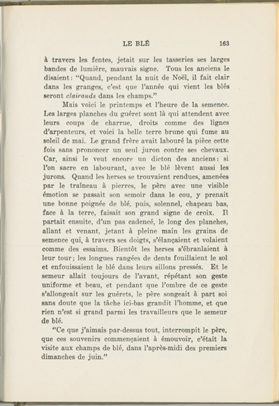 Reproduction de la cent soixante-troisi&egrave;me page du manuel Recueil de morceaux choisis par Ren&eacute; Lamoureux comprenant le texte de Lionel Groulx intitul&eacute; Le bl&eacute;, 1930.