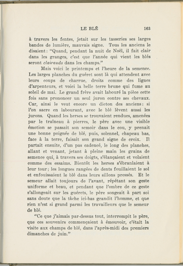 Reproduction de la cent soixante-troisi&egrave;me page du manuel Recueil de morceaux choisis par Ren&eacute; Lamoureux comprenant le texte de Lionel Groulx intitul&eacute; Le bl&eacute;, 1930.