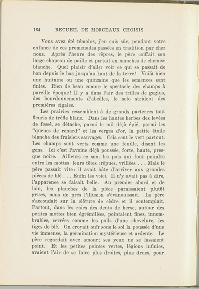 Reproduction de la cent soixante-quatri&egrave;me page du manuel Recueil de morceaux choisis par Ren&eacute; Lamoureux comprenant le texte de Lionel Groulx intitul&eacute; Le bl&eacute;, 1930.