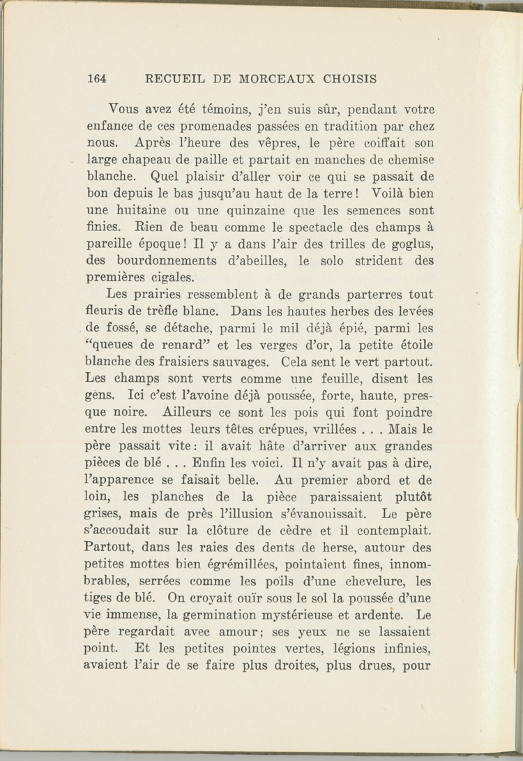 Reproduction de la cent soixante-quatri&egrave;me page du manuel Recueil de morceaux choisis par Ren&eacute; Lamoureux comprenant le texte de Lionel Groulx intitul&eacute; Le bl&eacute;, 1930.