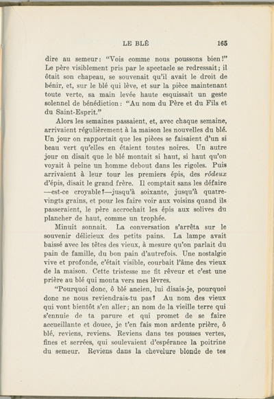 Reproduction de la cent soixante-cinqui&egrave;me page du manuel Recueil de morceaux choisis par Ren&eacute; Lamoureux comprenant le texte de Lionel Groulx intitul&eacute; Le bl&eacute;, 1930.